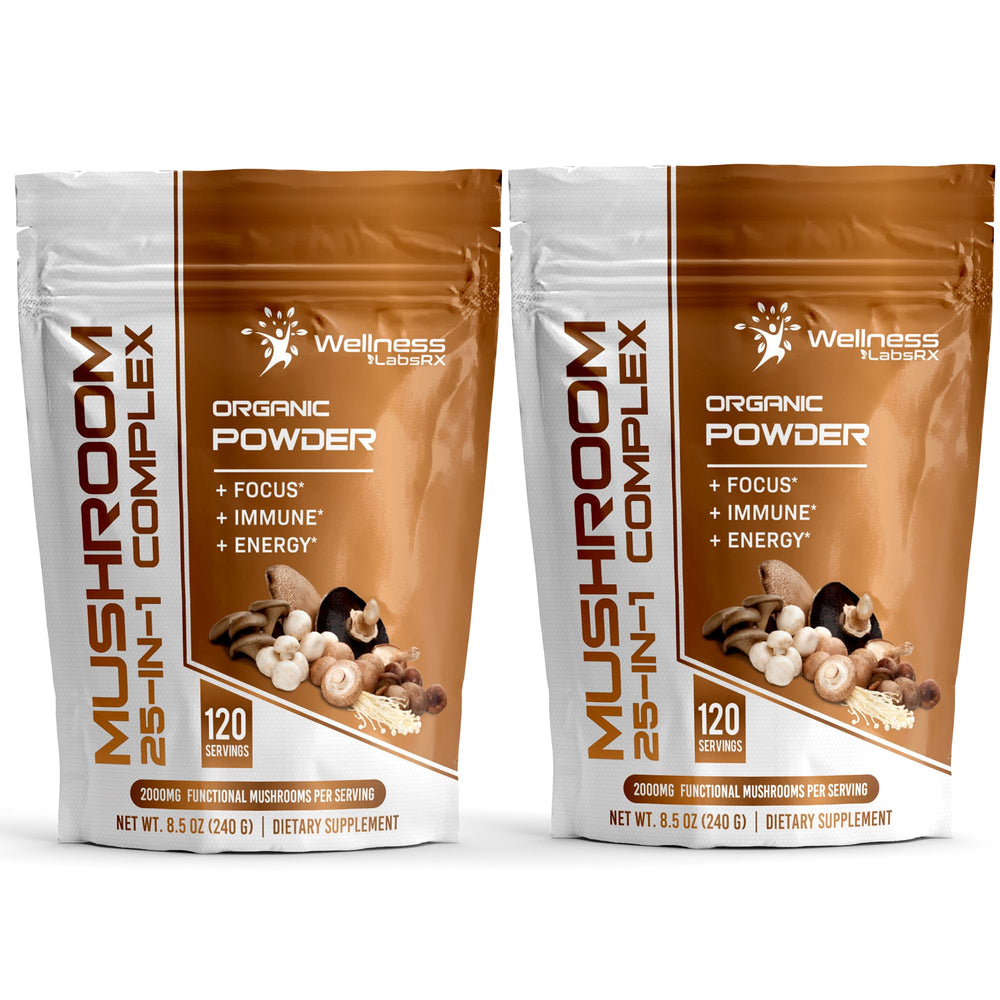 WELLNESS LABSRX Mushroom Powder 25-in-1 bottle offers daily wellness support with a rich mushroom blend.