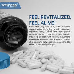 Wellness LabsRx Resveratrol capsules shown for easy swallowing.