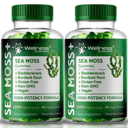 Wellness LabsRx Sea Moss Gummies bottle shows mixed berry flavor and immune support potential.