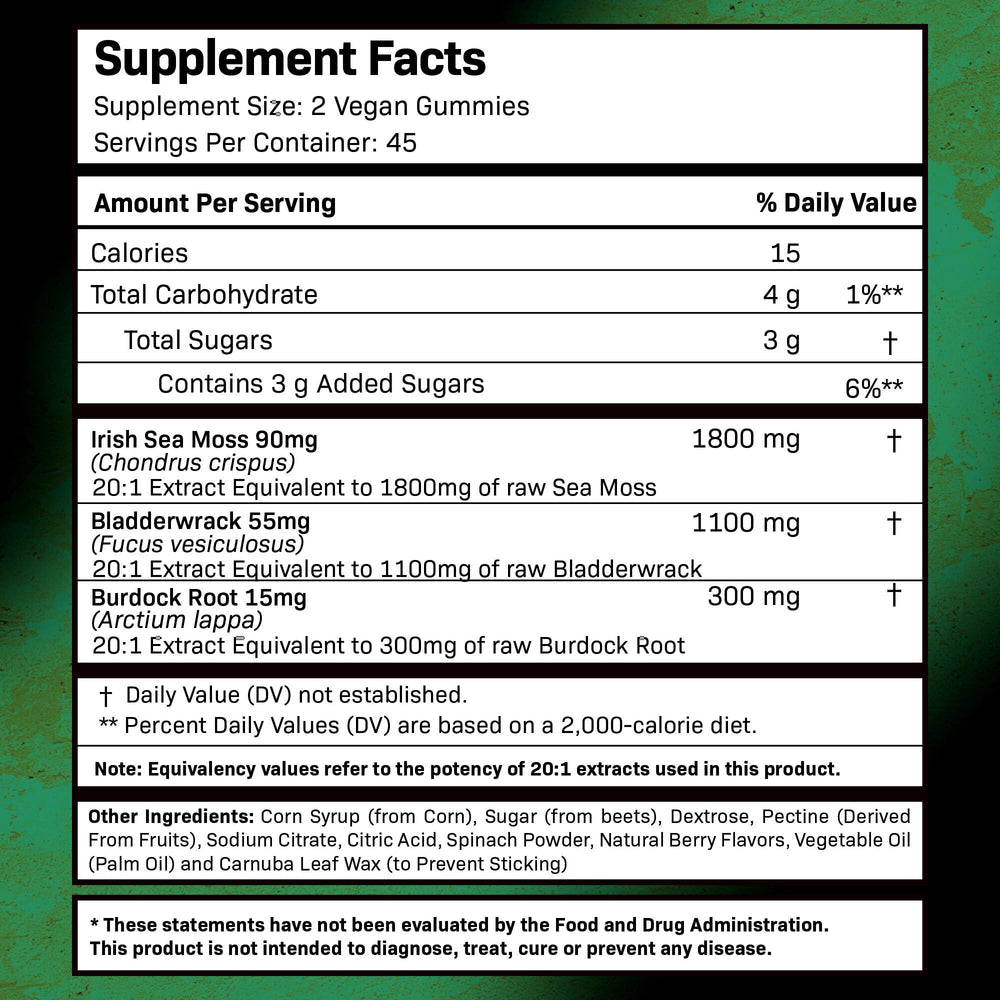 Wellness LabsRx Sea Moss Gummies ingredients panel featuring bladderwrack and burdock root.