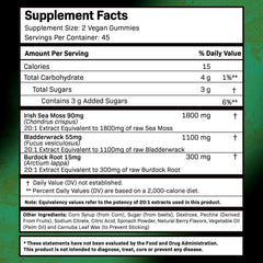 Wellness LabsRx Sea Moss Gummies ingredients panel featuring bladderwrack and burdock root.