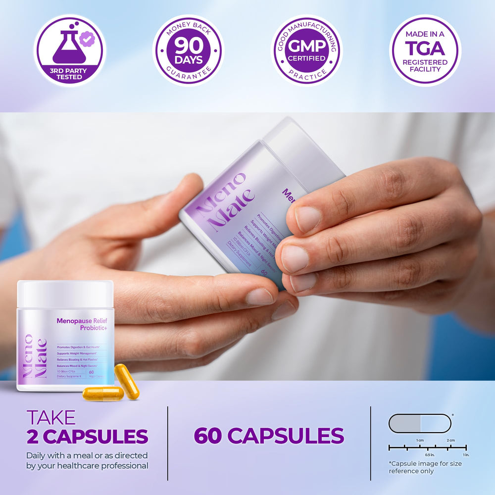 Wellness Nest MenoMate vegan capsules—gluten-free and non-GMO for clean lifestyle support.