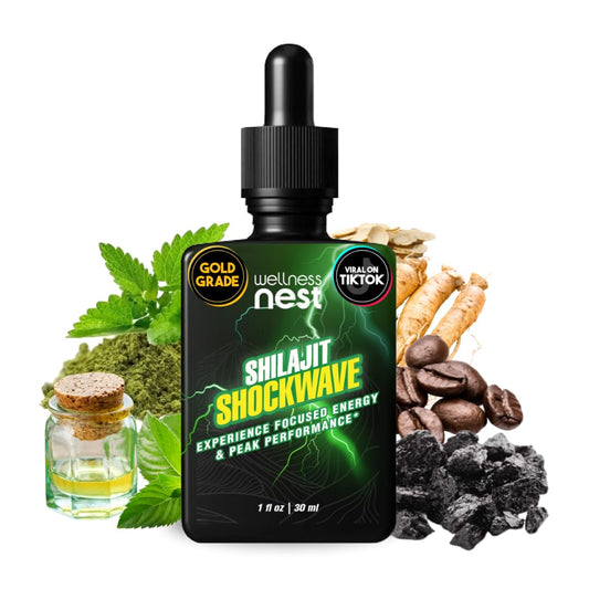 Wellbeing Nest Shilajit Shockwave bottle for convenient daily energy support.