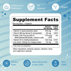 Ingredients label reveals methylfolate and coenzyme B vitamins.