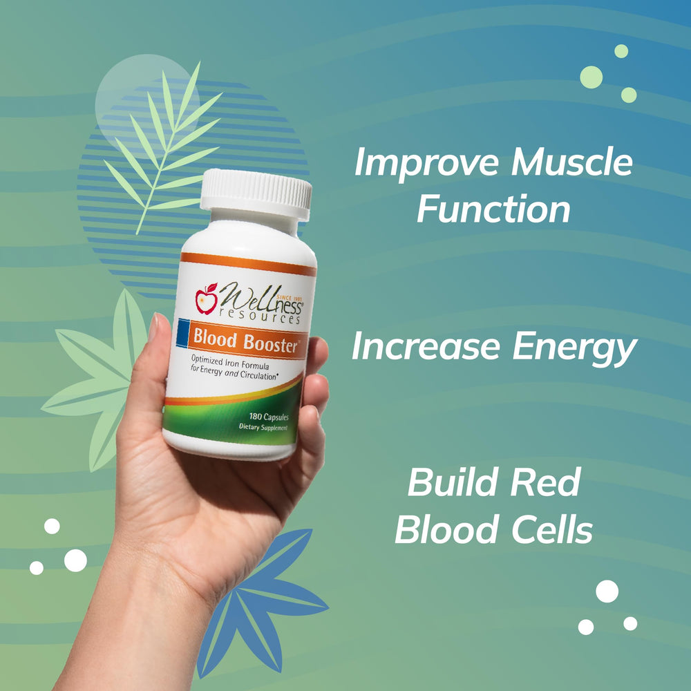 Blood Booster tablets on a palette show compact, easy-to-swallow capsules.
