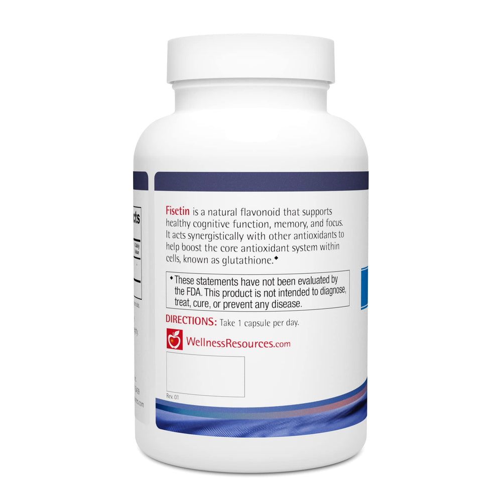Wellness Resources fisetin bottle and capsules shown for daily wellness routine