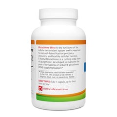 Wellness Resources Glutathione Ultra label and packaging emphasize non-GMO and gluten-free formula.