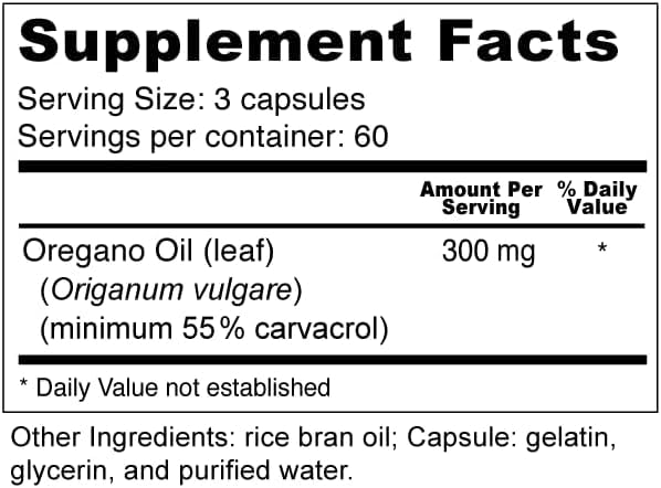 Wellness Resources oil of oregano capsules closeup shows 300 mg oil per serving for gut health