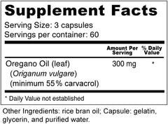 Wellness Resources oil of oregano capsules closeup shows 300 mg oil per serving for gut health