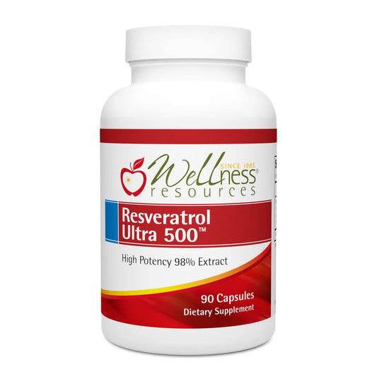 Wellness Resources Resveratrol Ultra 500 bottle closed for daily antioxidant support.