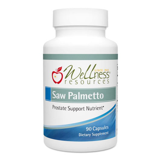Wellness Resources Saw Palmetto bottle showing high-potency capsules for urinary support.