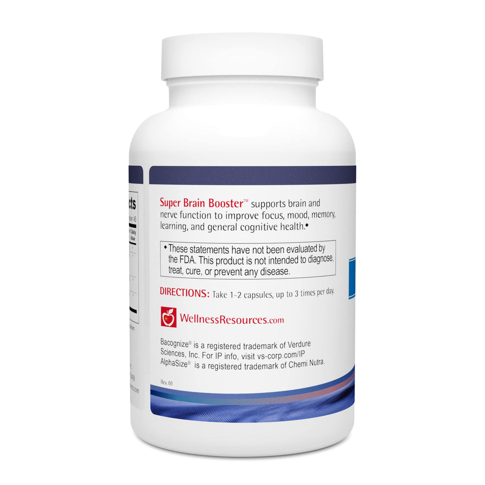 Wellness Resources Super Brain Booster label highlights key ingredients and certifications for trust