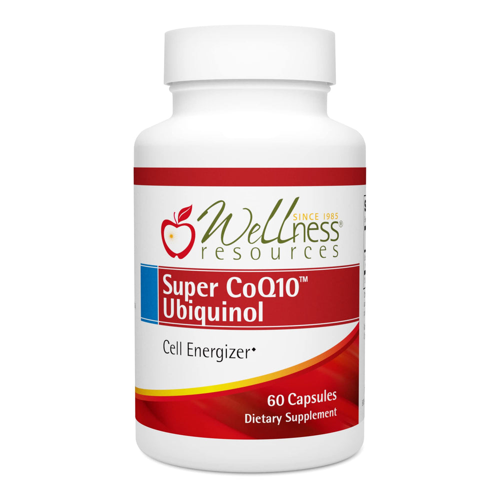 Wellness Resources Super CoQ10 Ubiquinol bottle close-up showing crystal-free stability
