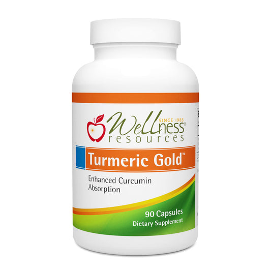 Well Wellness Resources Turmeric Gold bottle on a kitchen counter highlighting advanced absorption.