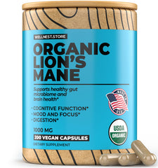 Wellnest.Store Lions Mane bottle with clear label promoting cognitive focus