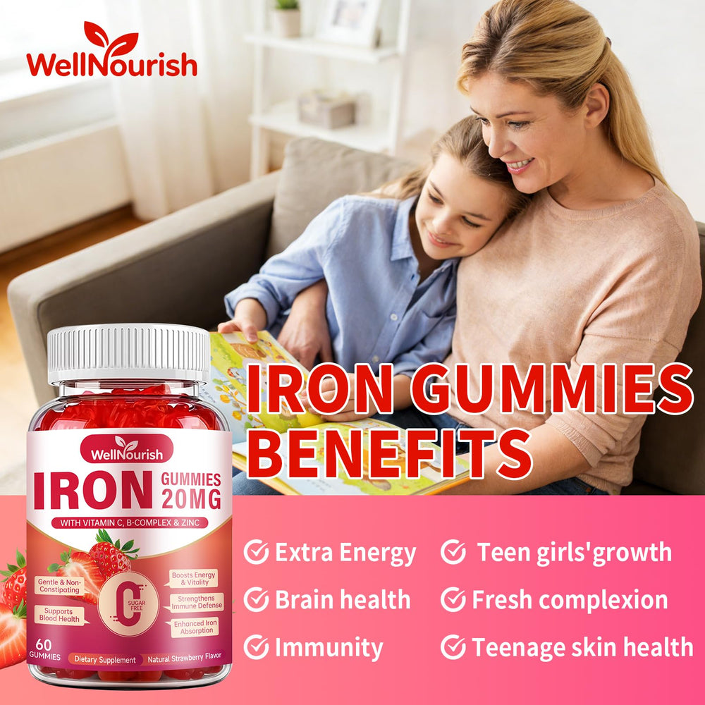 Wellnourish iron gummies bottle beside child-friendly scene.