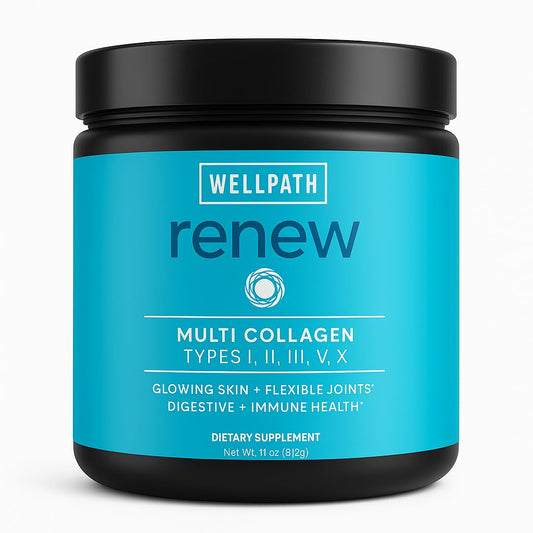 WellPath Renew collagen powder tub showing a premium multi-collagen blend for beauty and wellness.