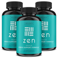 WellPath Zen stress relief bottle showcases calming mood support in a tidy kitchen scene.