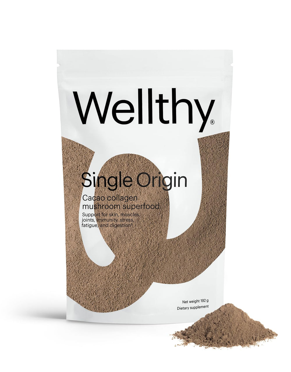 Wellthy Collagen Superfood Powder jar front with cacao flavor, ideal for a delicious daily drink