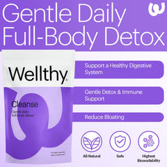 Wellthy Full Body Detox capsules close-up for easy daily supplementation.