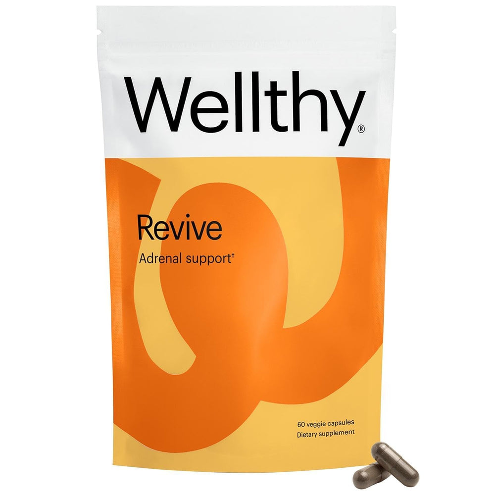 Wellthy Revive bottle front shows capsules for daily stress support.