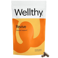 Wellthy Revive bottle front shows capsules for daily stress support.