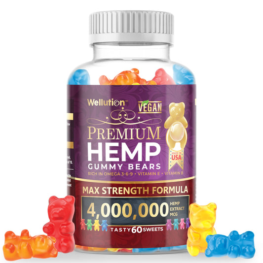 Wellution Hemp Gummies XXL bottle with 60-count vegan formula for daily use