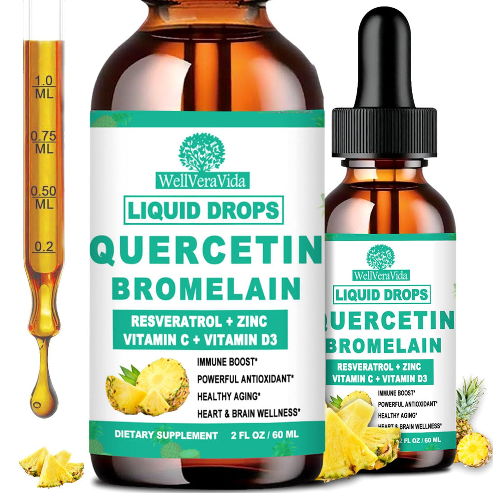 WellVeraVida Quercetin with Bromelain drops bottle on kitchen counter for daily immune support
