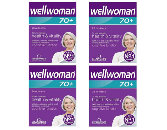 Wellwoman 70+ 4x30 bottle pack showing age-specific nutrition for mature women
