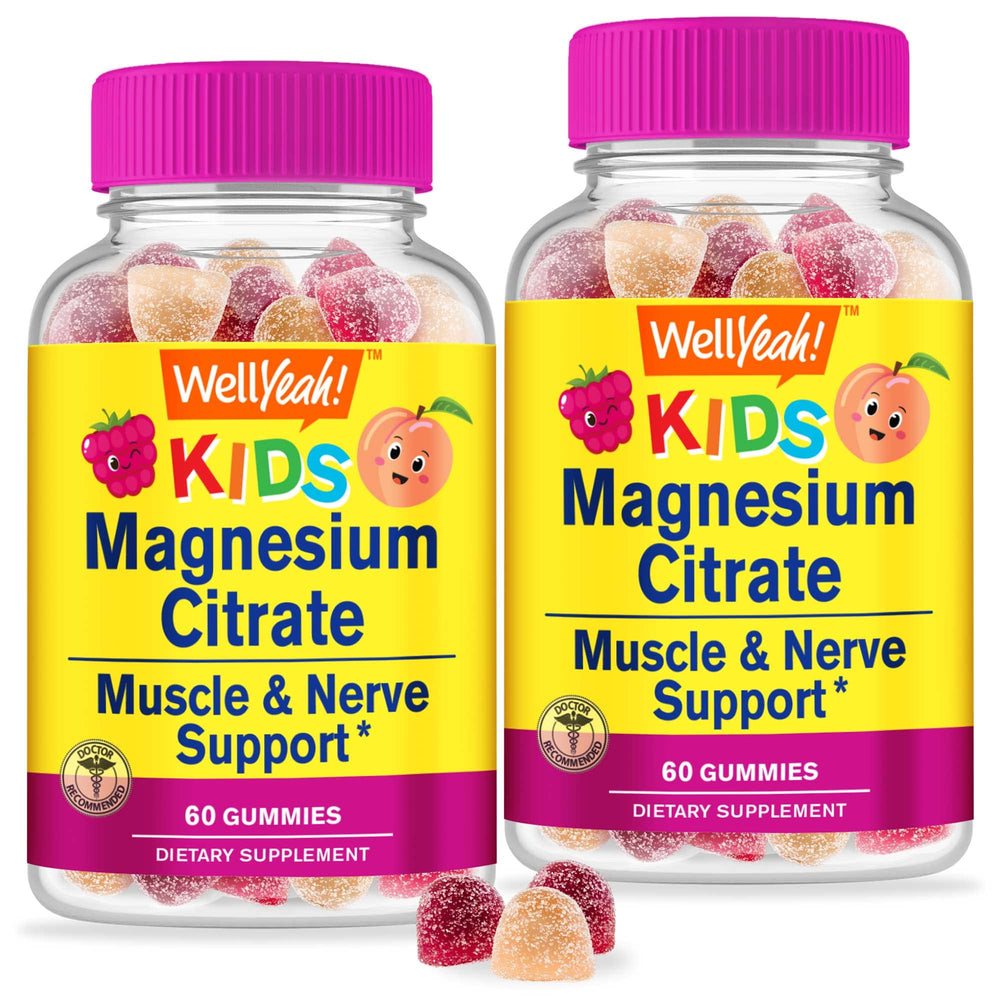 WellYeah magnesium citrate gummies for kids bottle close-up, offering kid-friendly mood support.