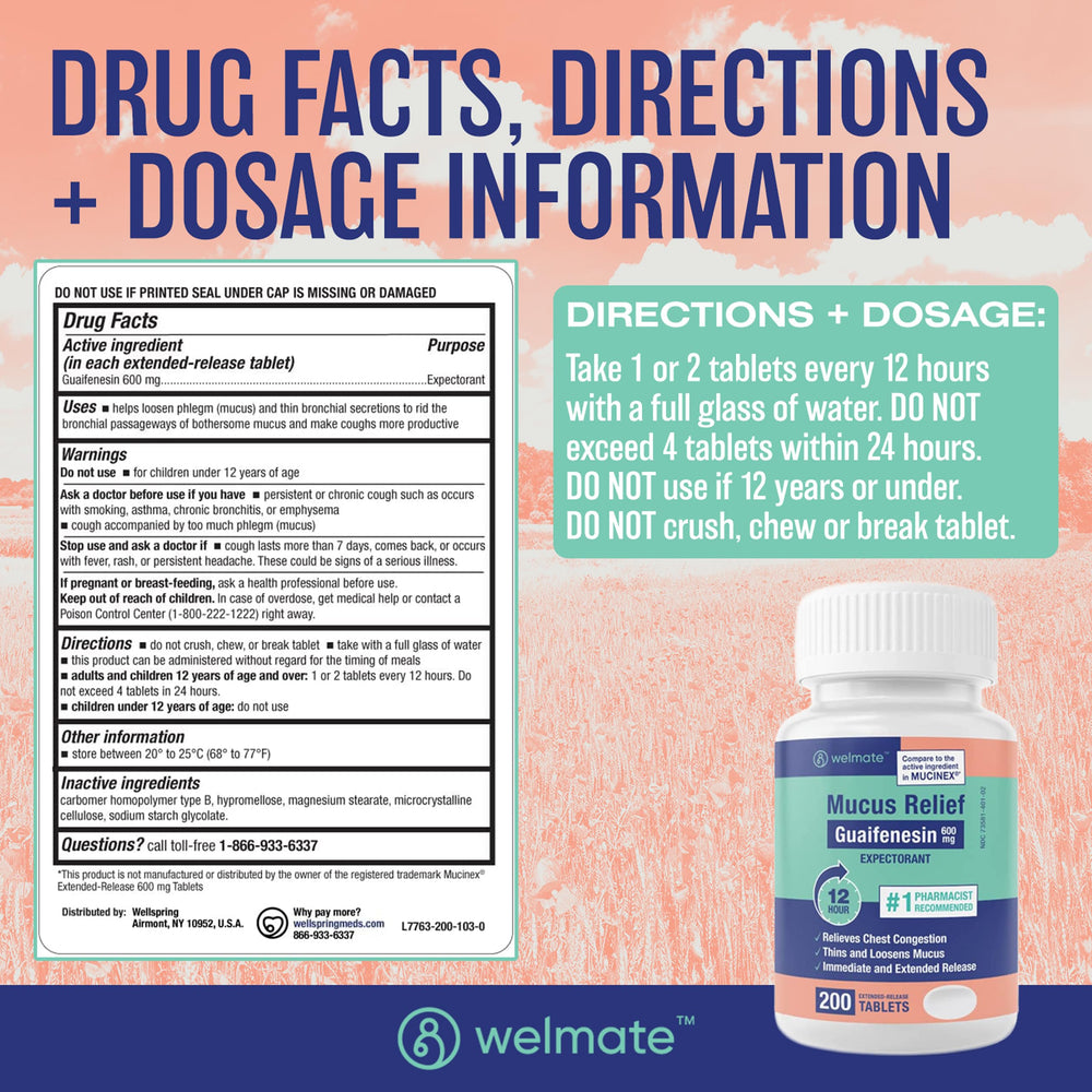 WELMATE Mucus Relief 200-count bottle ready for cold-season relief on a kitchen counter.