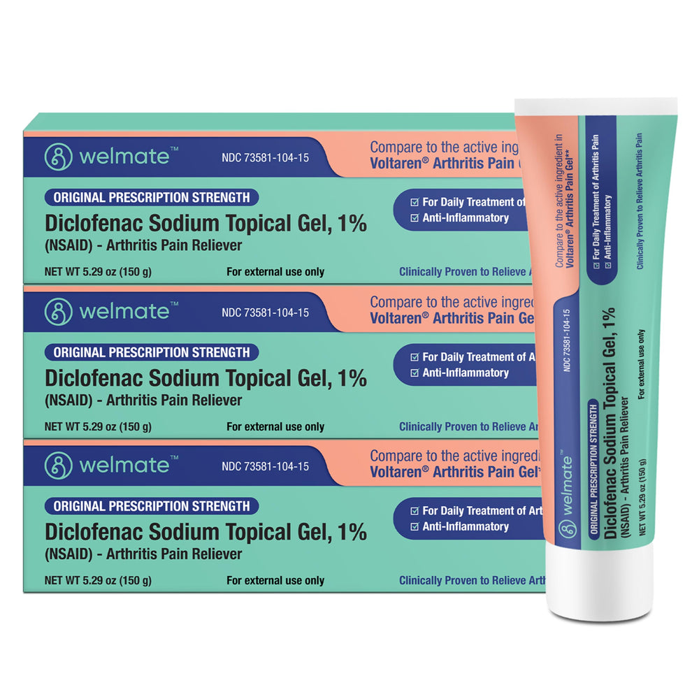 WELMATE diclofenac 1 percent topical gel bottle for temporary arthritis pain relief.