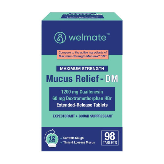 WELMATE maximum strength mucus relief DM bottle showing extended-release tablets for all-day comfort