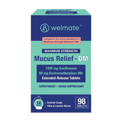 WELMATE maximum strength mucus relief DM bottle showing extended-release tablets for all-day comfort