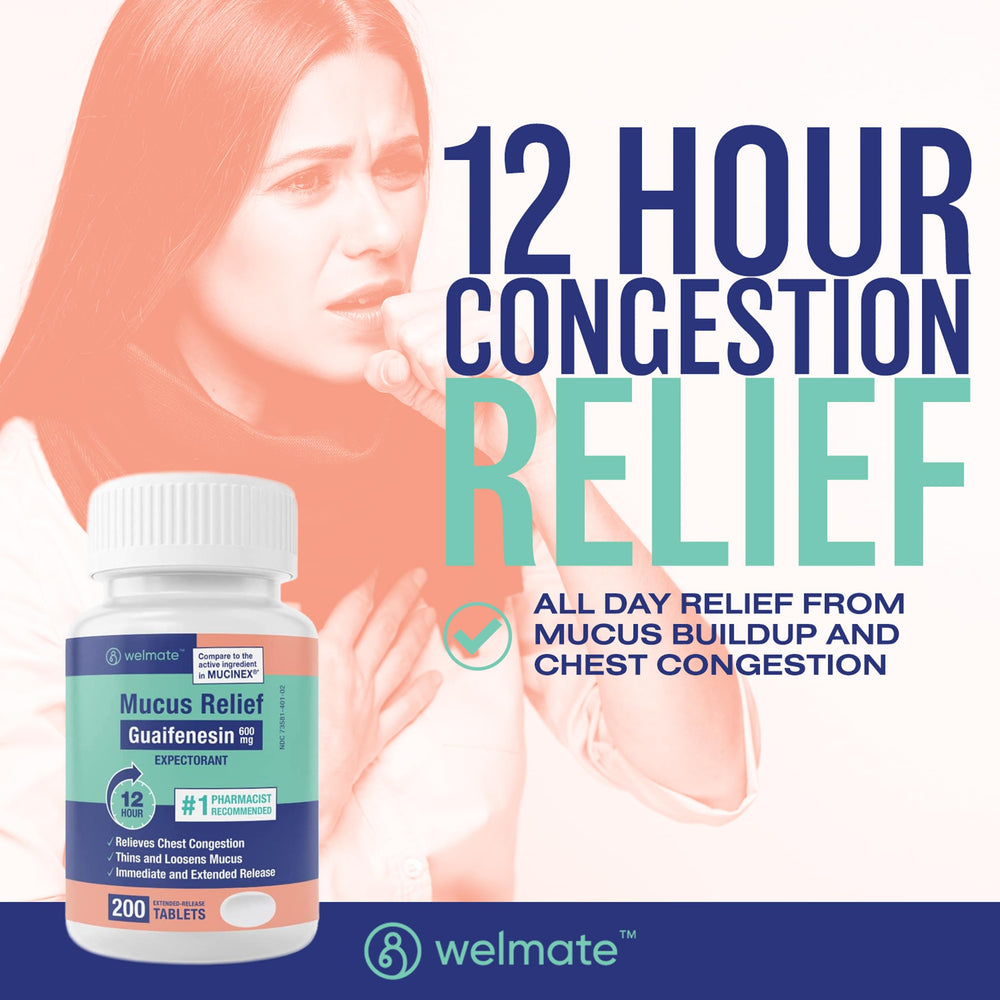 Bi-layer WELMATE Mucus Relief tablet showing immediate and lasting action.