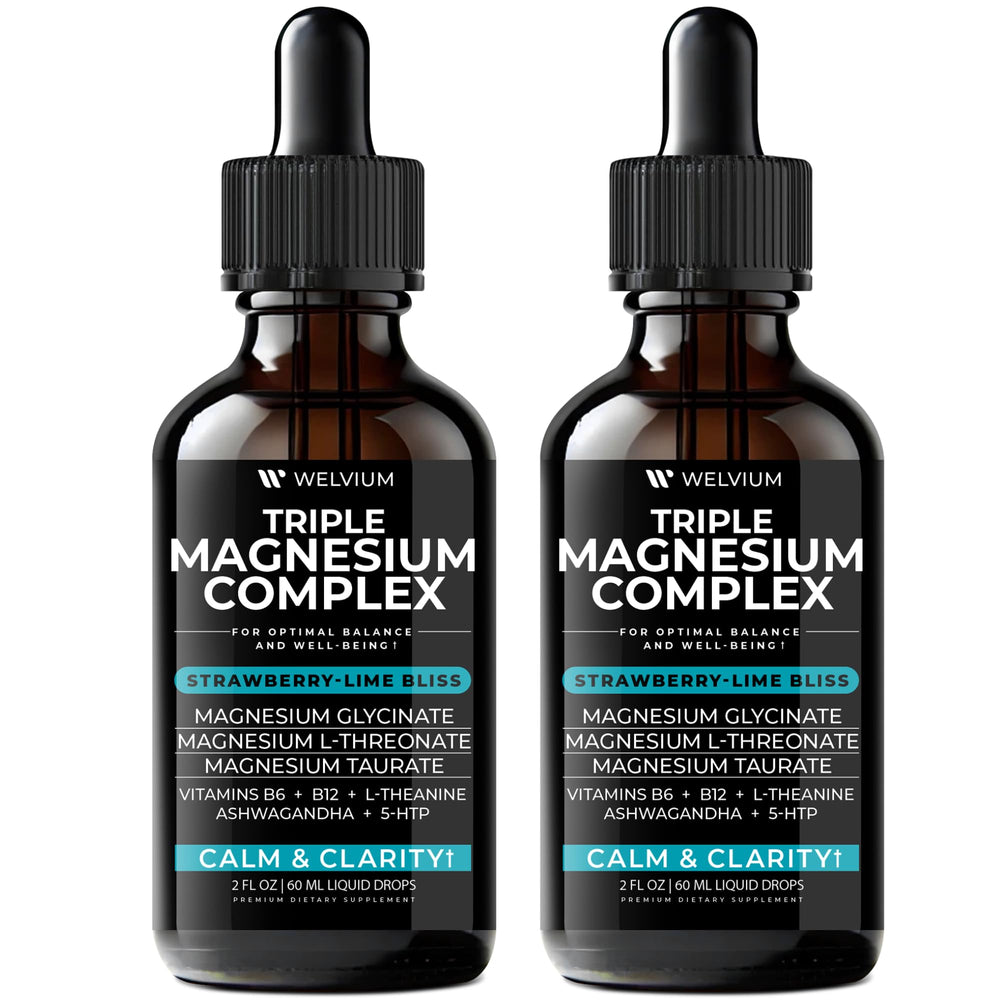 Welvium triple magnesium liquid drops bottle for convenient daily mineral support.