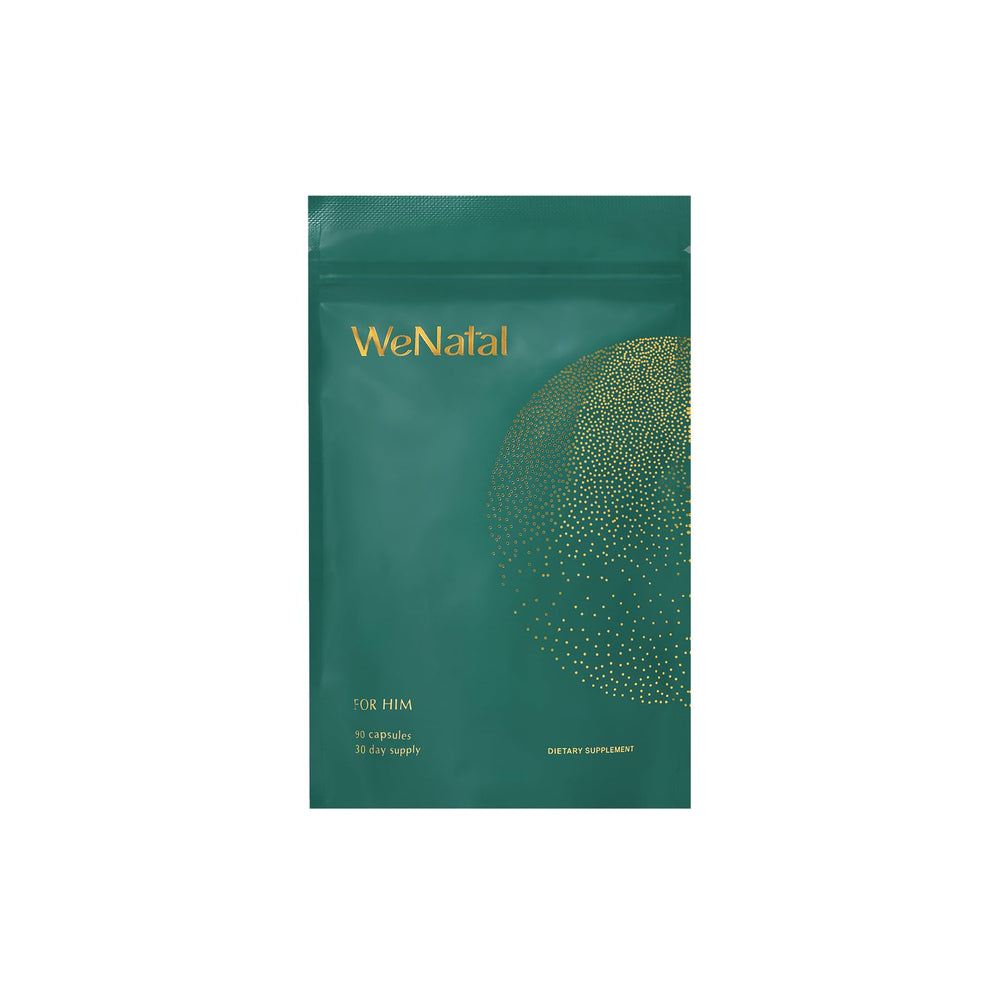 WeNatal for Him bottle pour shows easy daily dosing for preconception support.