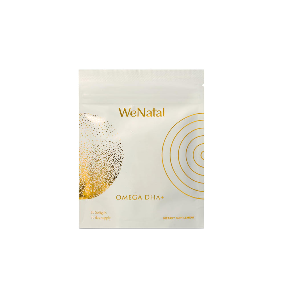 WeNatal Omega DHA+ softgel bottle for easy daily prenatal omega-3 support