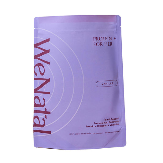 WeNatal Protein for Her bottle close-up showing clean prenatal protein for energy support