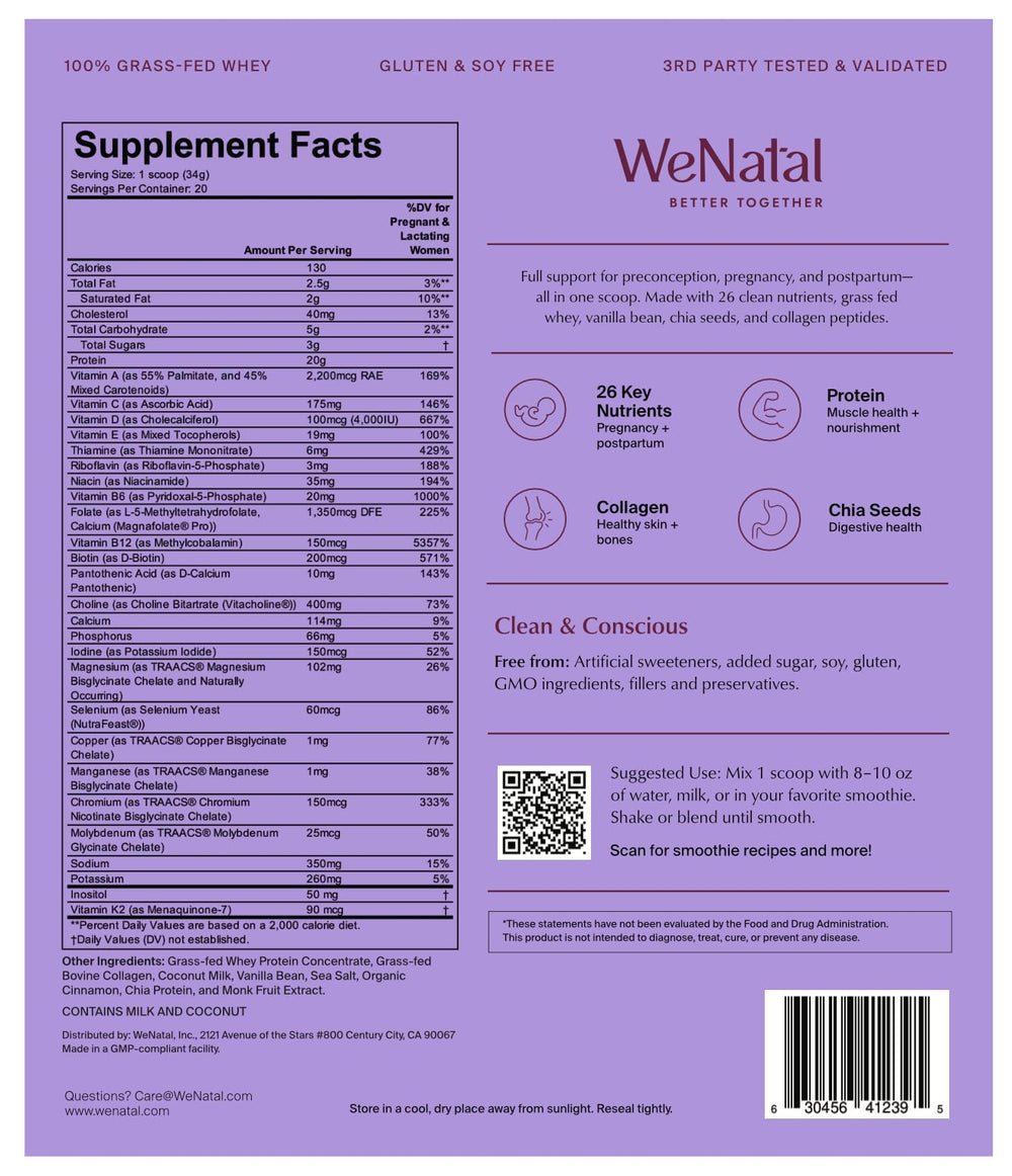 WeNatal Protein for Her packaging shows sustainable refill options and USA-made quality