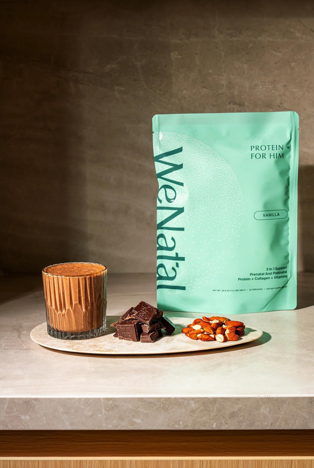 WeNatal Protein for Him nutrition label highlights zinc, selenium, CoQ10, and L-carnitine.