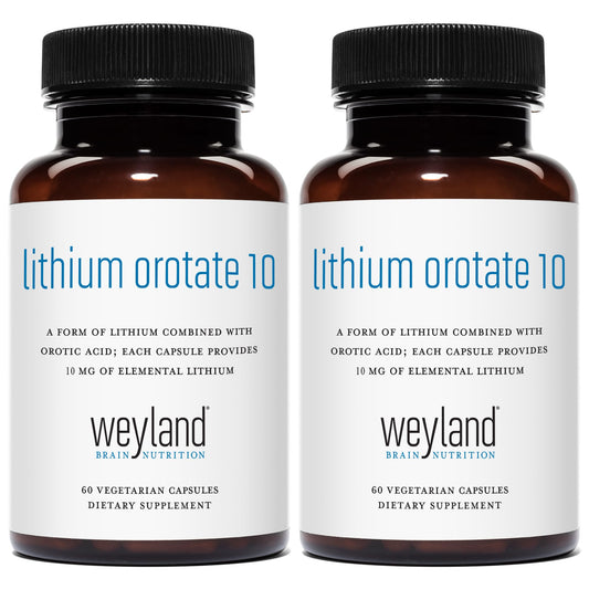 Weyland Lithium Orotate bottle close-up highlights 60 vegetarian capsules for daily wellness.
