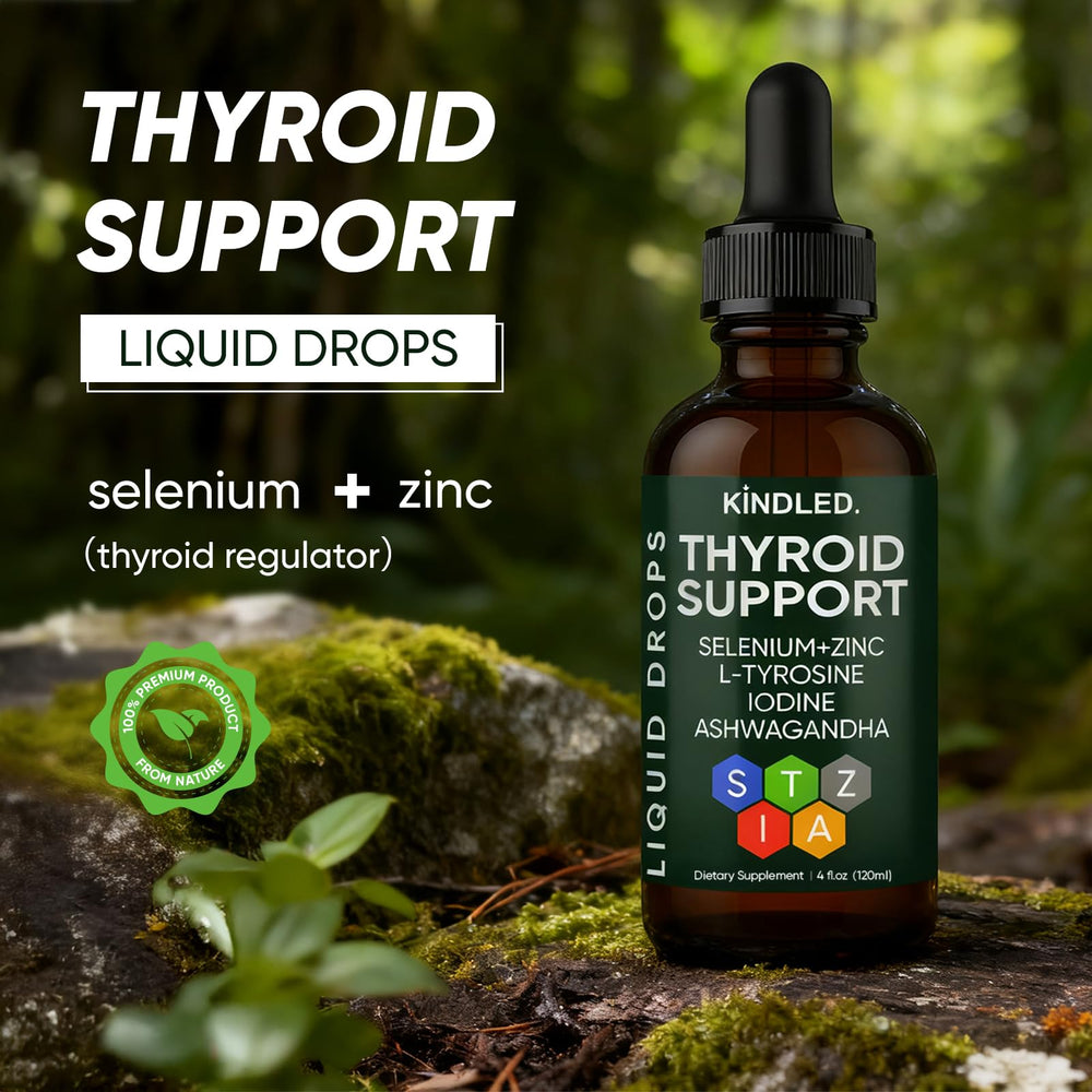 Kindled Thyroid Drops label highlights key nutrients.