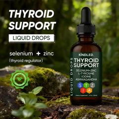 Kindled Thyroid Drops label highlights key nutrients.