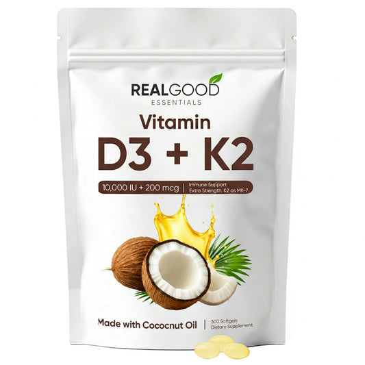 WGYPEU Real Good Essentials Vitamin D3K2 softgels bottle for easy daily bone support