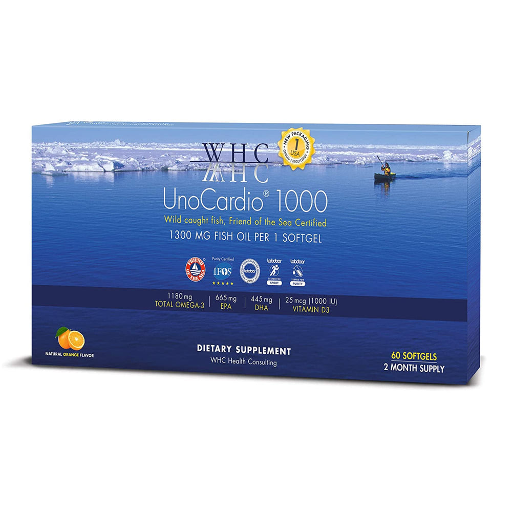 WHC UnoCardio 1000 orange bottle with softgels for daily omega-3 support.