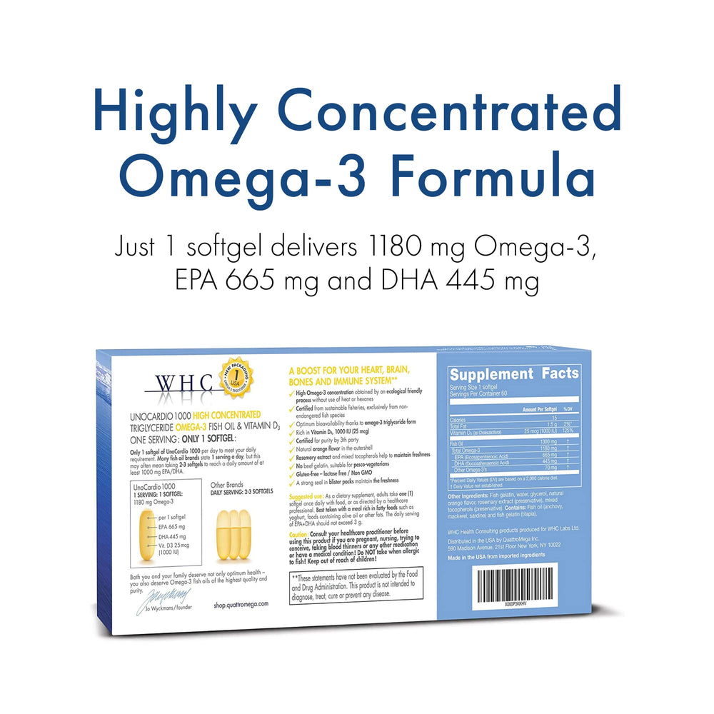 WHC UnoCardio 1000 softgels close-up highlighting EPA and DHA per serving.