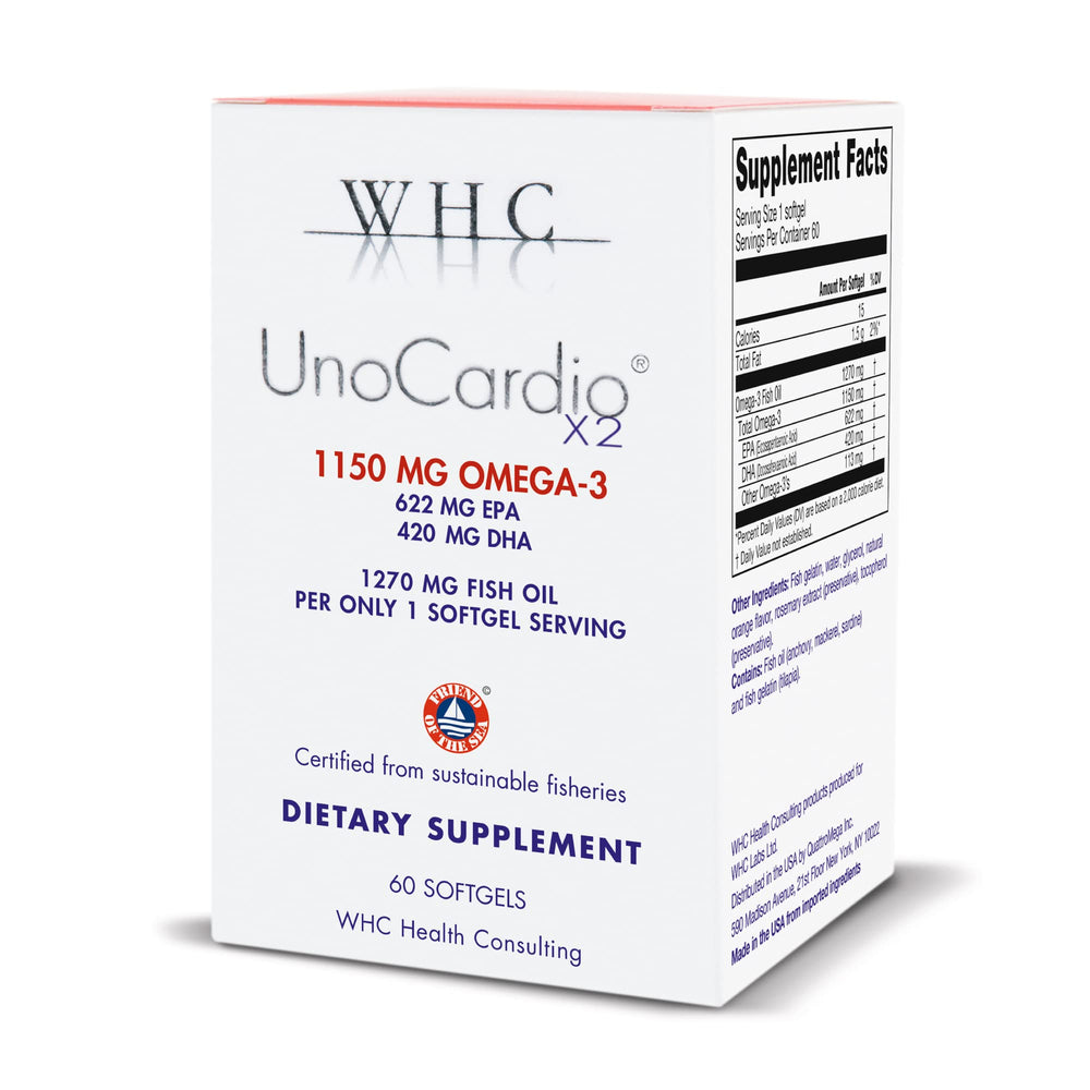WHC UnoCardio X2 bottle front with omega-3 softgels for daily support