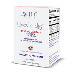 WHC UnoCardio X2 bottle front with omega-3 softgels for daily support