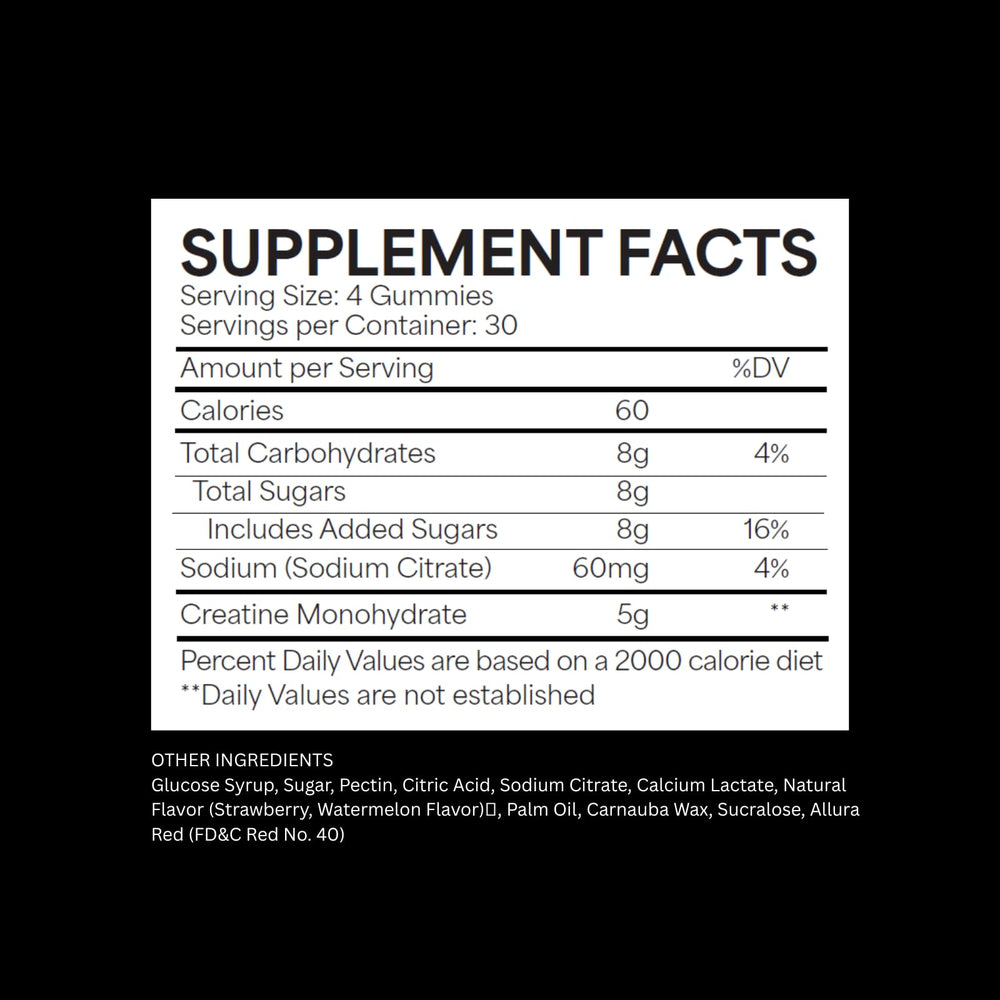 Whippy Brands Creatine Gummies bottle label close-up with dosage details